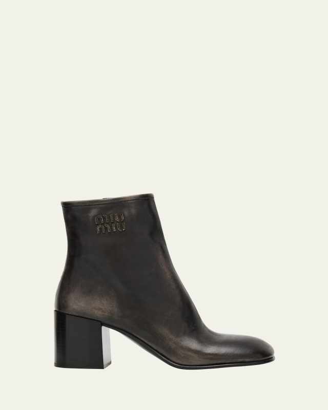 Vintage Leather Block-Heel Booties